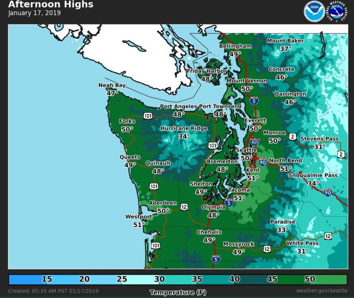 Afternoon high temperatures for Seattle on Thursday were expected to reach 50 degrees.