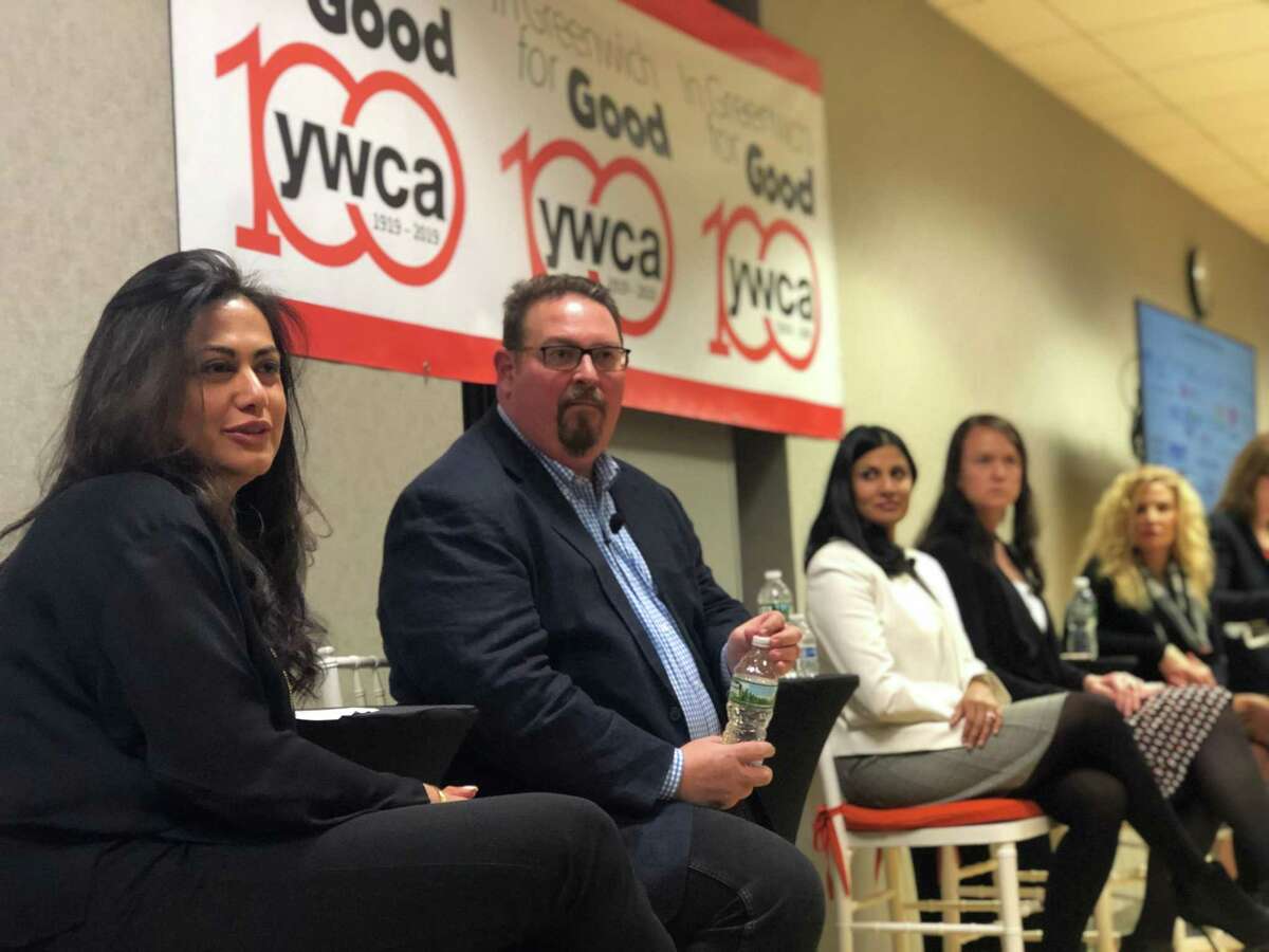 From left, former federal prosecutor Krishna Patel, former U.S. State Department Ambassador-at-Large Luis C. deBaca, CEO of GoodOps Divya Demato, State Rep. Jillian Gilchrest (D-18) and Connecticut Department of Labor Supervisor of Wage and Workplace Standards Resa Spaziani speak about the states labor trafficking at Greenwich YWCA on Wednesday night.