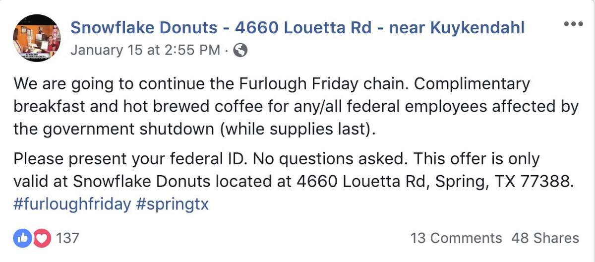 Snowflake Donuts (4660 Louetta Road) is offering a free breakfast for furloughed workers Friday.