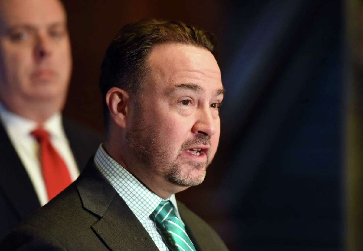 Survivor Tom Andriola speaks during the Child Victims Act press conference Thursday, Jan. 17, 2019 at the State Capitol in Albany, N.Y. (Phoebe Sheehan/Times Union)