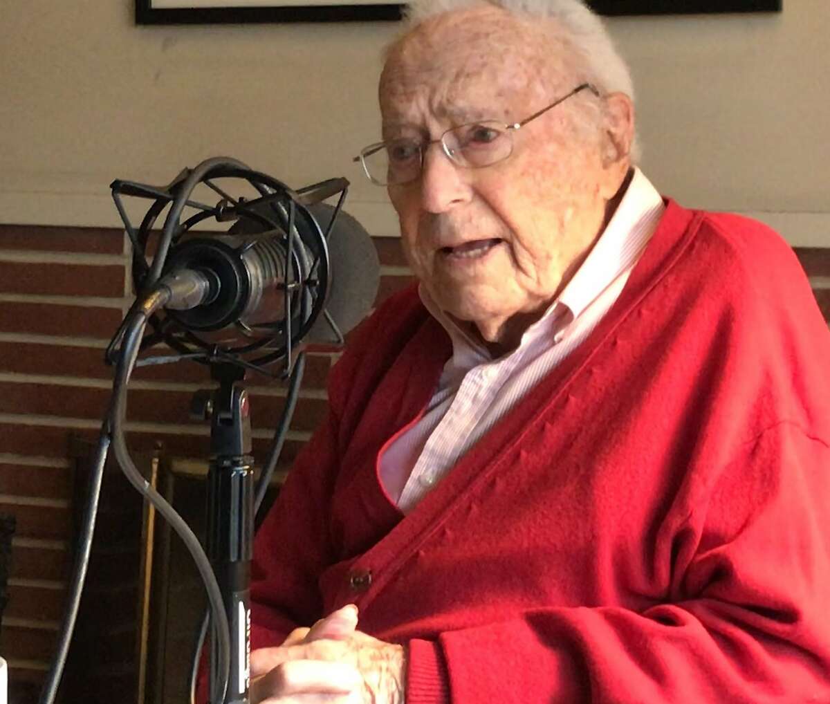 David Perlman at his San Francisco home on Jan. 14, 2019, while appearing on The San Francisco Chronicle's "The Big Event" podcast. Perlman worked for The Chronicle beginning in 1940 and retired in 2017.