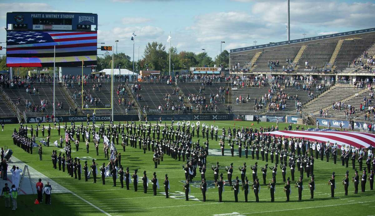 EAST HARTFORD, CT - SEPTEMBER 29: UConn band plays while the oversized flag is on the field prior to the start of the game as the Cincinnati Bearcats take on the UConn Huskies on September 29, 2018 at Rentschler Field in East Hartford, CT. (Photo by Williams Paul/Icon Sportswire via Getty Images)