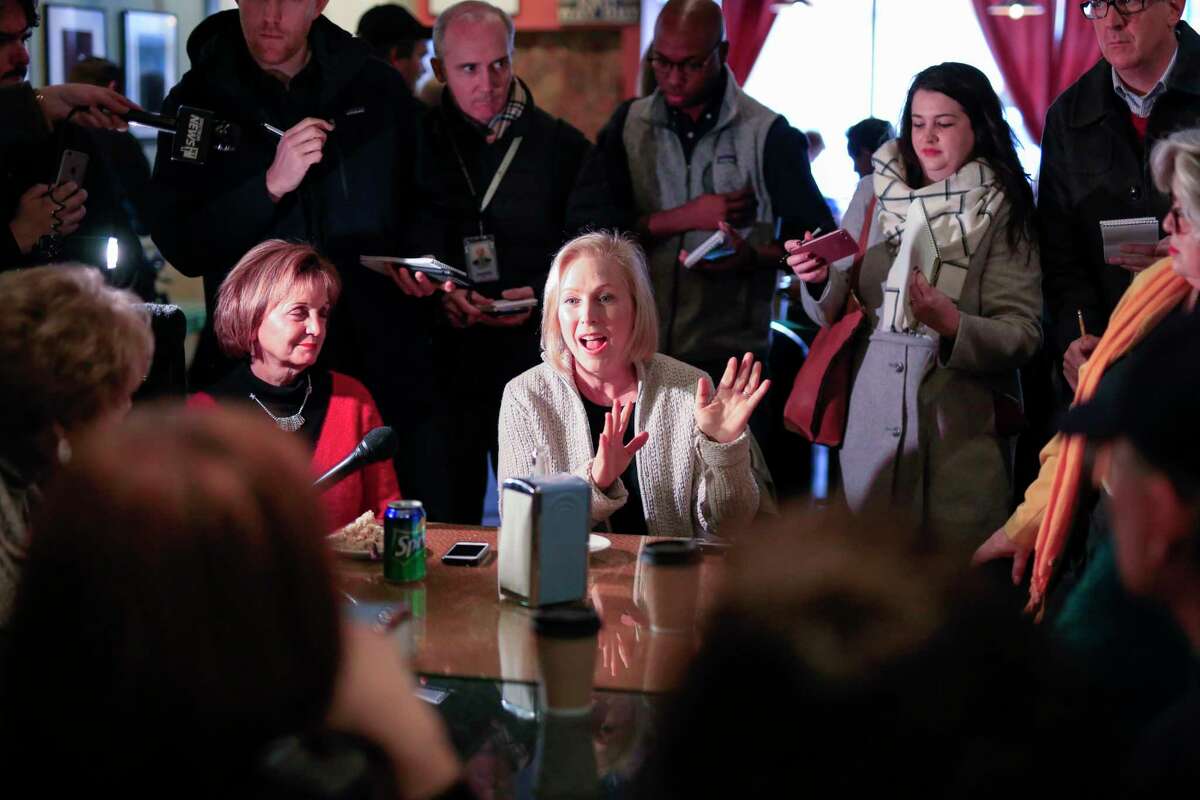 Senator Kirsten Gillibrand, D-N.Y., meets with residents at the Pierce Street Coffee Works cafe', in Sioux City, Iowa, Friday, Jan. 18, 2019. Sen. Gillibrand is on a weekend visit to Iowa, after announcing that she is forming an exploratory committee to run for President of the United States in 2020. (AP Photo/Nati Harnik)