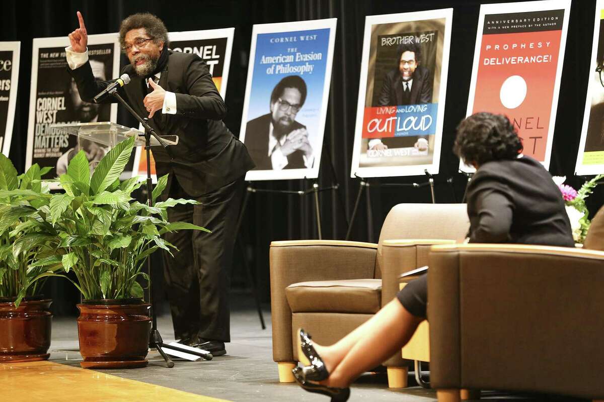 African-American scholar and Harvard University professor Cornel West gives an address at Prairie View A&M University on Friday, Jan. 18, 2019 while the school's president, Ruth Simmons listens.