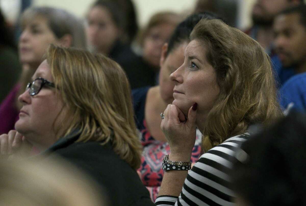 Lana Koerber, who works in early childhood education at Hughes Road Elementary School in Dickinson, TX, listens to a presentation about how to stop life-threatening bleeding during a presentation for staff at the school on Wednesday, Jan. 16, 2019. The Dickinson Independent School District is in the final stages of having all of its teachers and staff undergo the training on how to stop life-threatening bleeding.