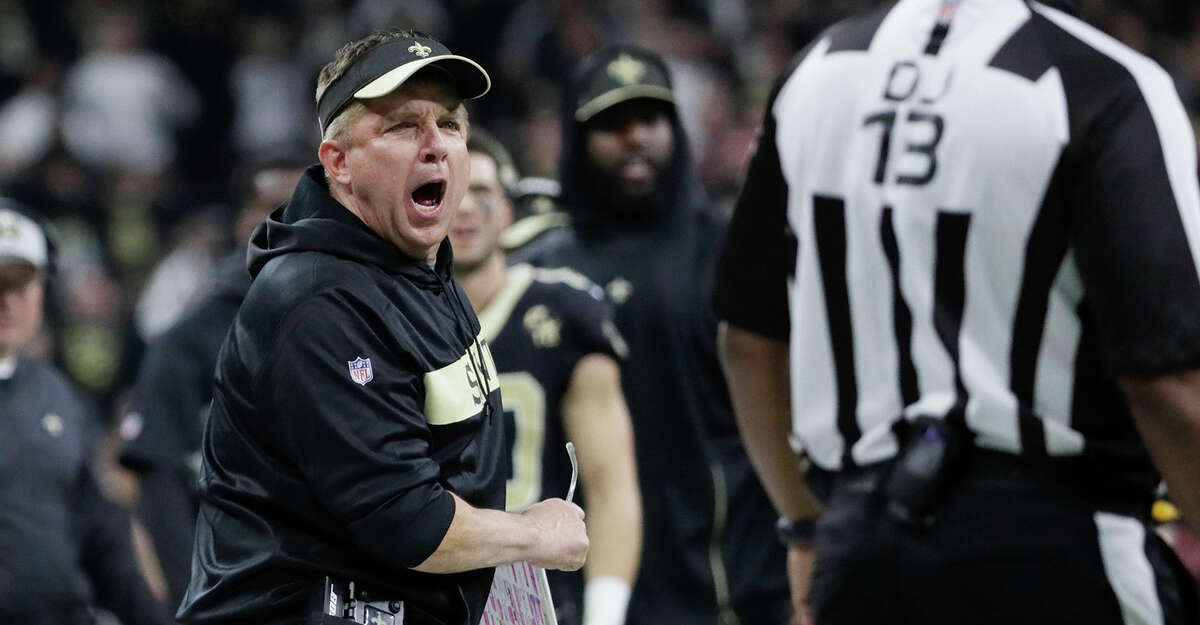 New Orleans Saints coach Sean Payton screams at down judge Patrick Turner after no penalty was called when Los Angeles Rams corner Nickell Robey Coleman hit Saints receiver Tommylee Lewis too early, thwarting an apparent game-winning drive during the NFC Championship game on Sunday, Jan. 20, 2019 at the Superdome in New Orleans, La. (Robert Gauthier/Los Angeles Times/TNS)