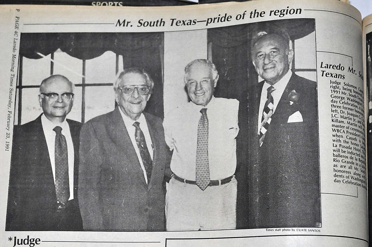 Judge Solomon Casseb, right, poses with three former Mr. South Texas' after he was named Mr. South Texas in 1991.