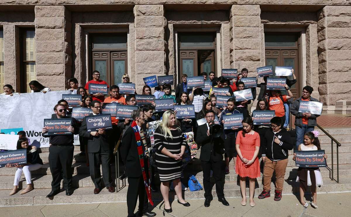 The group United We Dream gathers on the east side of the Texas Capitol to show they do not support Texas Senate Bill 4(SB4) during a rally in Austin, Wednesday, March 15, 2017. SB 4 would require all certain state, local, and campus police departments to comply with U.S. Customs and Immigration Enforcement (ICE) detainers. (Stephen Spillman / for Express-News)