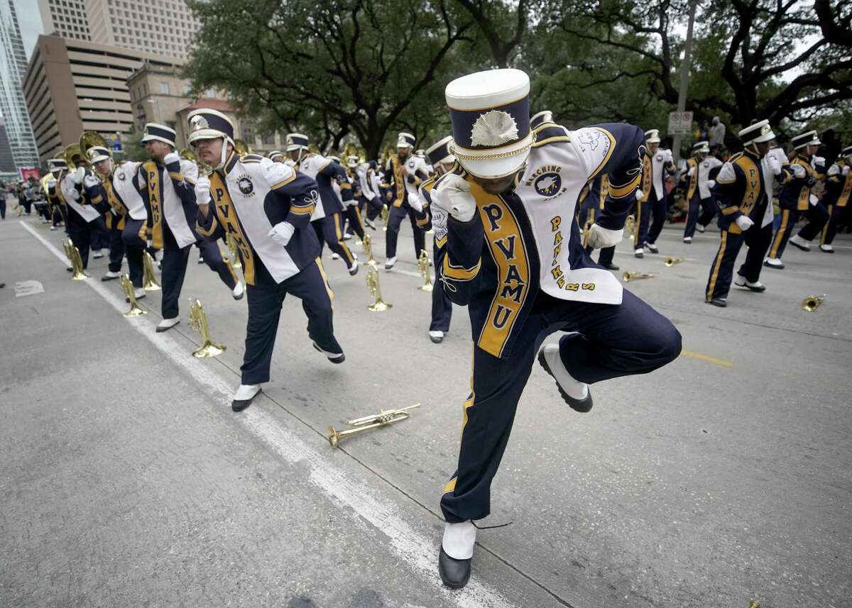 Members of the Prairie View A&M University Marching Storm band perform during the Black Heritage Society's 41st Annual Original MLK, Jr. Day Parade Monday, January 21, 2019 in Houston.