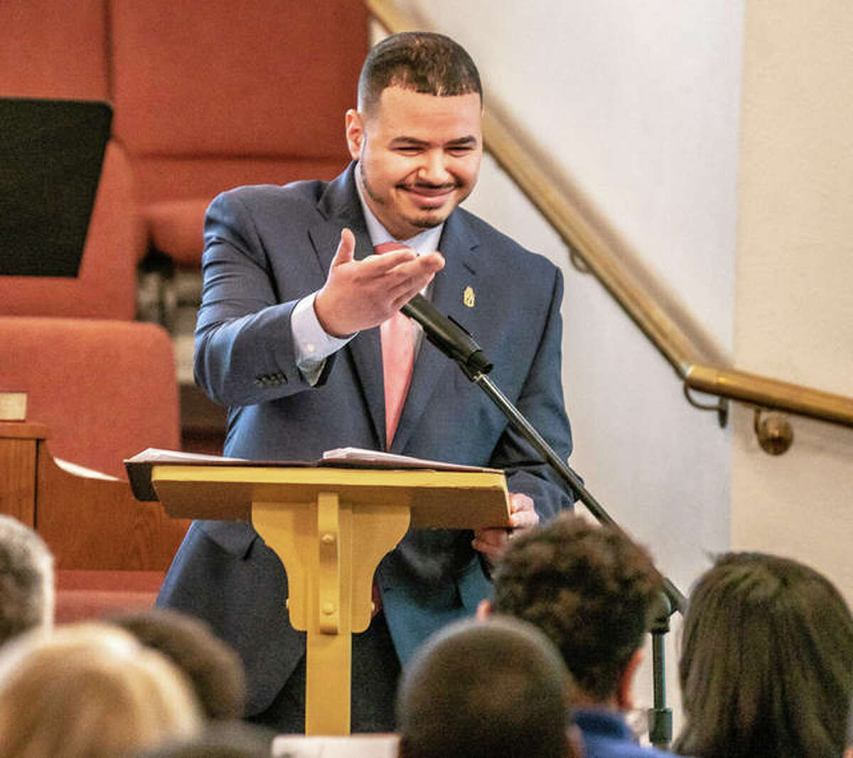 Anthony Kiekow delivers his keynote speech during Monday’s Martin Luther King Jr. Day celebration at Mt. Joy Missionary Baptist Church in Edwardsville.
