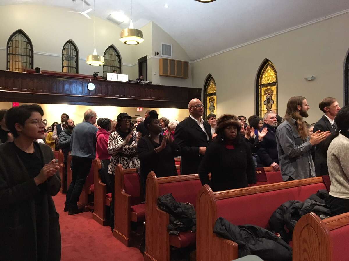 Varick Memorial AME Zion Church on Dixwell Avenue was filled to capacity Monday as the congregant and union members rallied for jobs at Yale University. It was the theme of its Martin Luther King Jr. service.