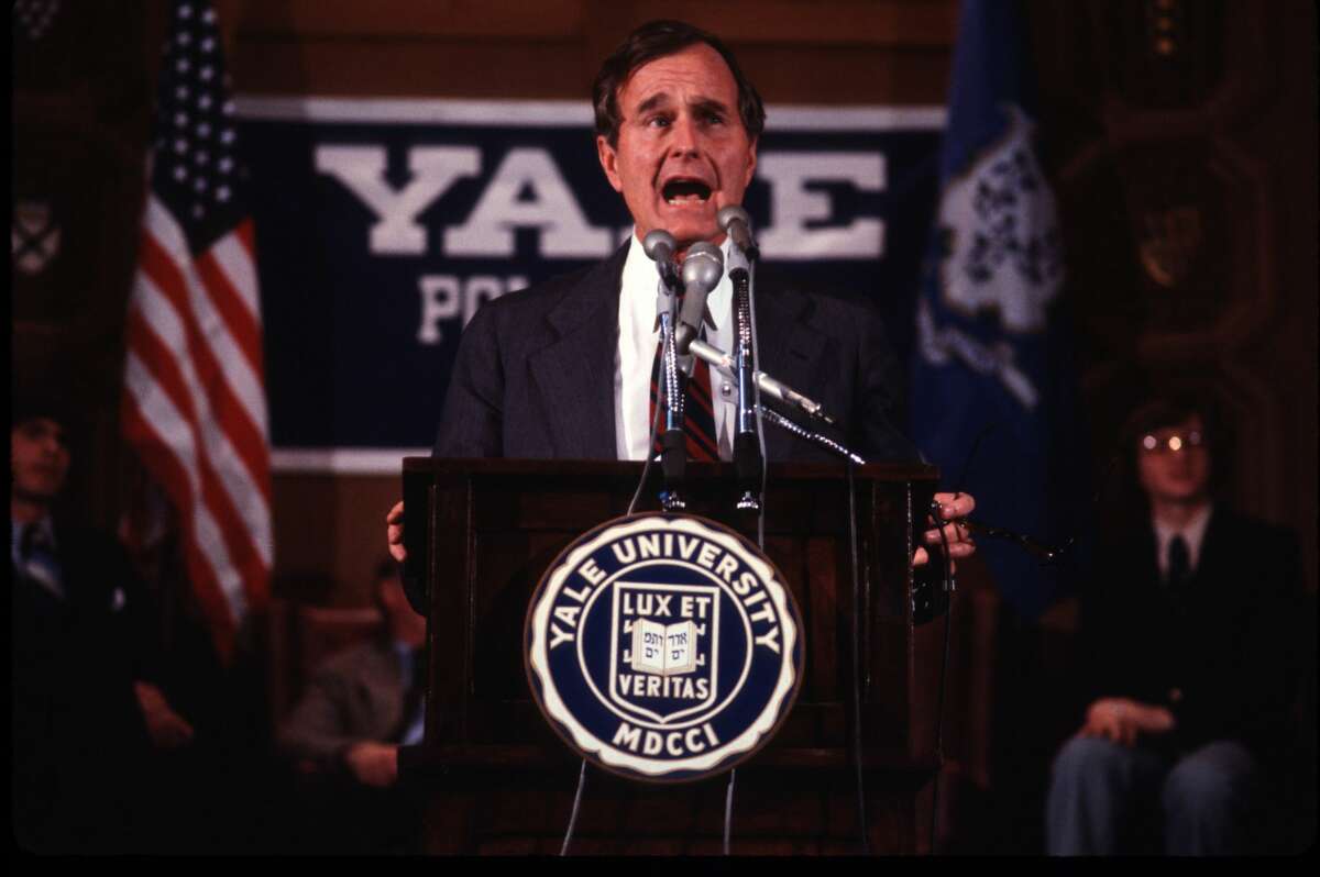 George Bush speaks at Yale University March 1, 1980 in New Haven, Connecticut. Bush graduated with a B.A. in Economics in 1948.
