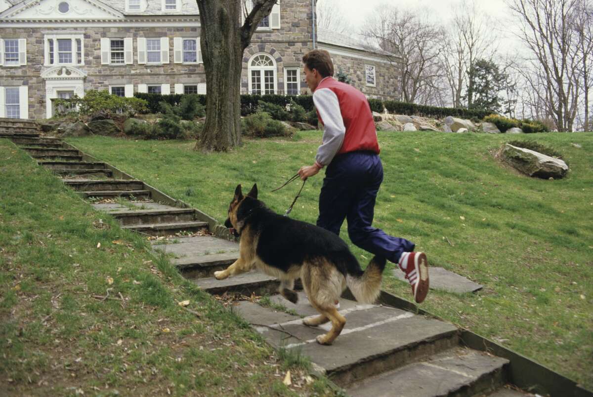 Tennis player Ivan Lendl, a 26 year old Czechoslovakian, runs up the steps on the grounds of his Greenwich, CT mansion, alongside his German Shepherd Viky, April 1986.