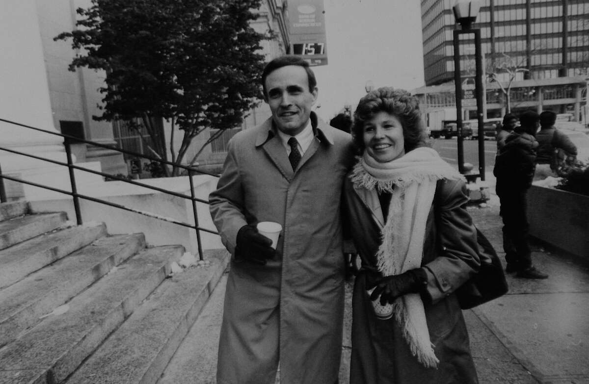 Victorious. Manhattan U. S. Attorney Rudolph Giuliani won his battle with Stanley Friedman corruption scandal case in New Haven, CT. Rudy Giuliani and wife Donna Hanover.
