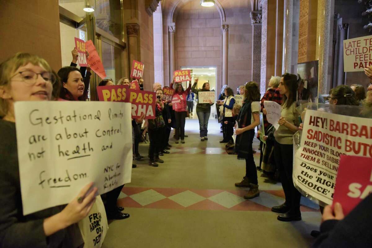 Those in support of Reproductive Health Act and those who oppose it protest in the hallway outside the New York State Senate on Tuesday, Jan. 22, 2019, in Albany, N.Y. (Paul Buckowski/Times Union)