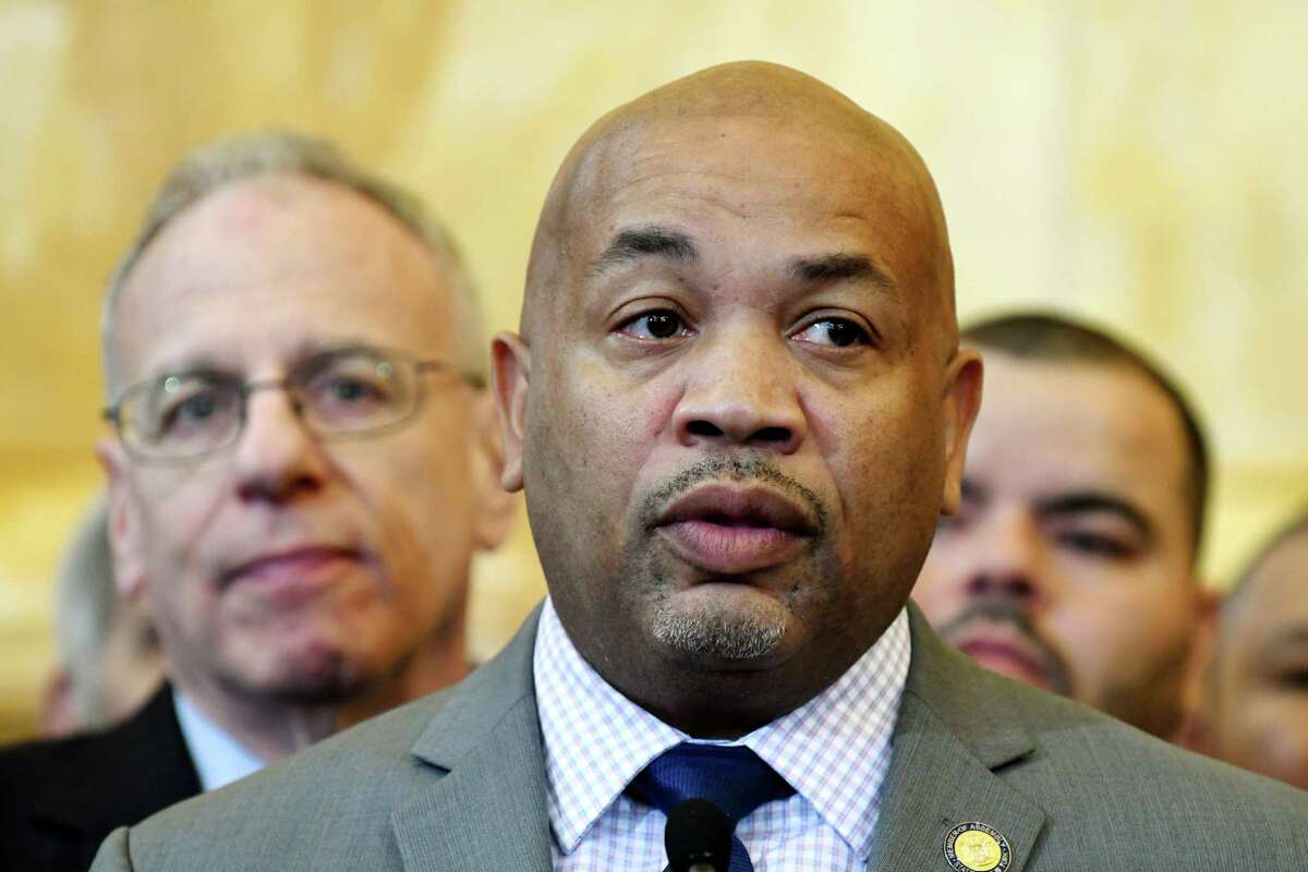 Speaker Carl Heastie speak during a news conference to announce the pending passage of the Jose Peralta New York State Dream Act on Wednesday Jan. 23, 2019, at the Capitol in Albany, N.Y. (Will Waldron/Times Union)