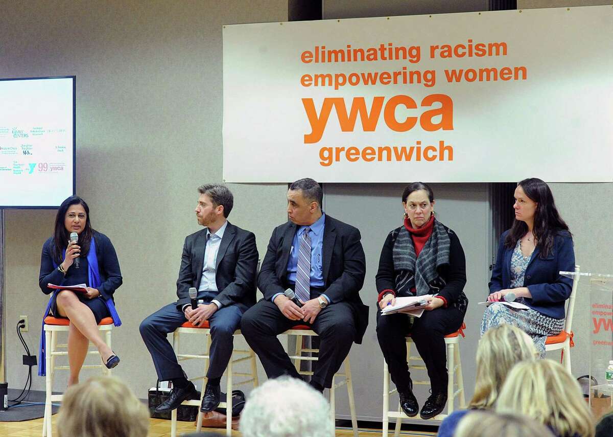 At left, Krishna Patel, a former federal prosecutor, moderates the 2018 YWCA of Greenwich panel discussion and community conversation about the battle against child sex trafficking and human trafficking. The panel participants are starting second from left, Vincent Nappo, lawyer; Rod Khattabi, former head of Homeland Security for the State of Connecticut; Joette Katz, former commissioner of the Connecticut Department of Children and Families and Jillian Gilchrest, former chair of the Connecticut Trafficking in Persons Council.
