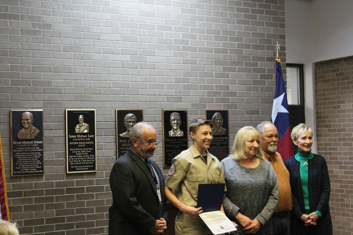 Cadet Amy Alexandra Pitre, 28 of Beaumont, received a scholarship from the Officer Bryan Hebert Memorial Foundation Wednesday afternoon at the Beaumont Police Station.