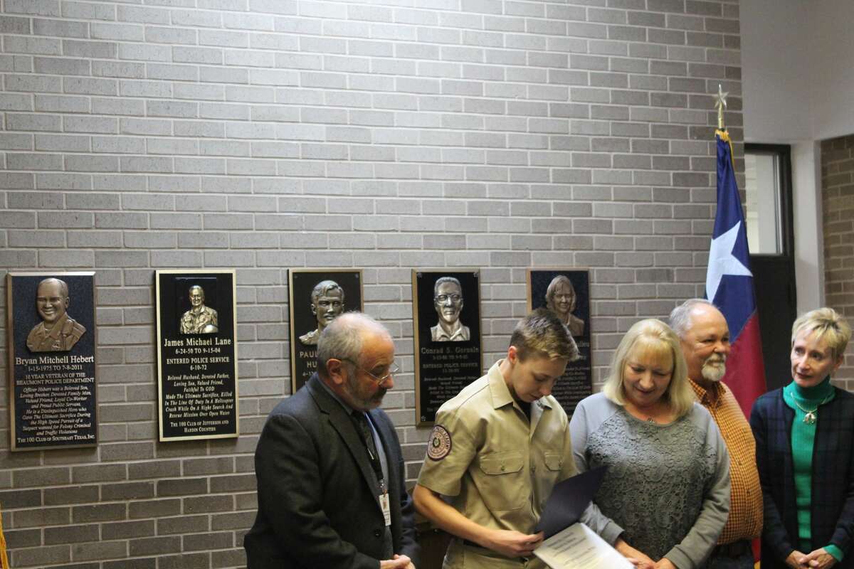 Cadet Amy Alexandra Pitre, 28 of Beaumont, received a scholarship from the Officer Bryan Hebert Memorial Foundation Wednesday afternoon at the Beaumont Police Station.