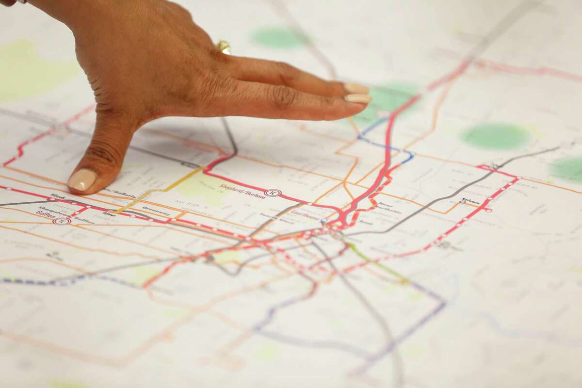 Priya Zachariah Metro manager of long range planning points to a MetroNext map as she talked to members of the Houston Chronicle Editorial Board Thursday, Jan. 10, 2019, in Houston.