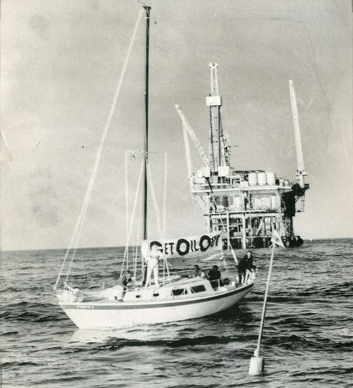 A buoy was set up in the vicinity of Union Oil Co. PLatform 4, to mark the spot where the oil spill occurred a year earlier. Ship was chartered by GOO (Get Oil Out) January 28, 1970 Associated Press photo Ran 02/15/1970, This World