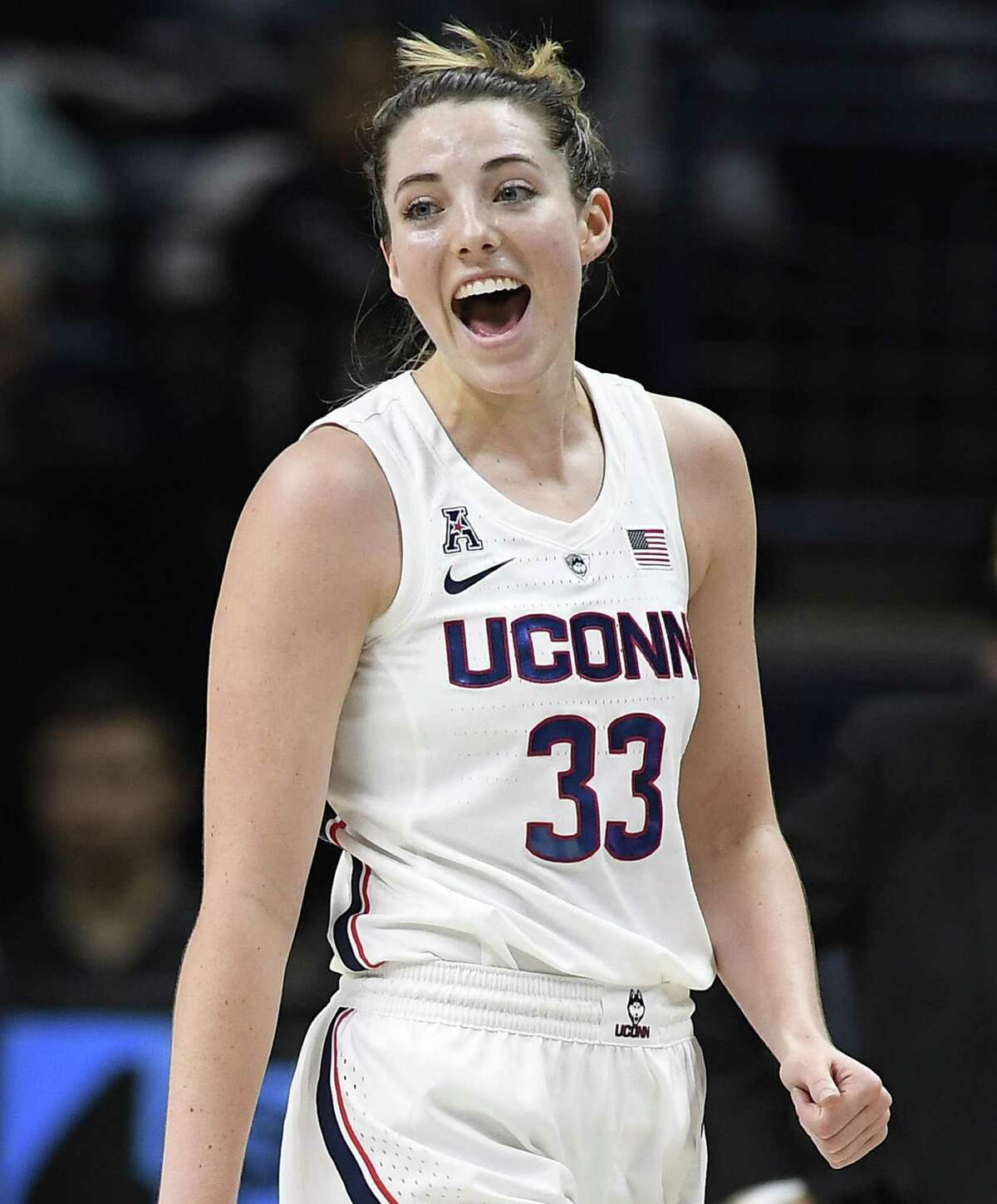 UConn’s Katie Lou Samuelson reacts during the first half of Wednesday’s 79-39 win over SMU in Storrs. Samuelson scored 21 points in the victory.