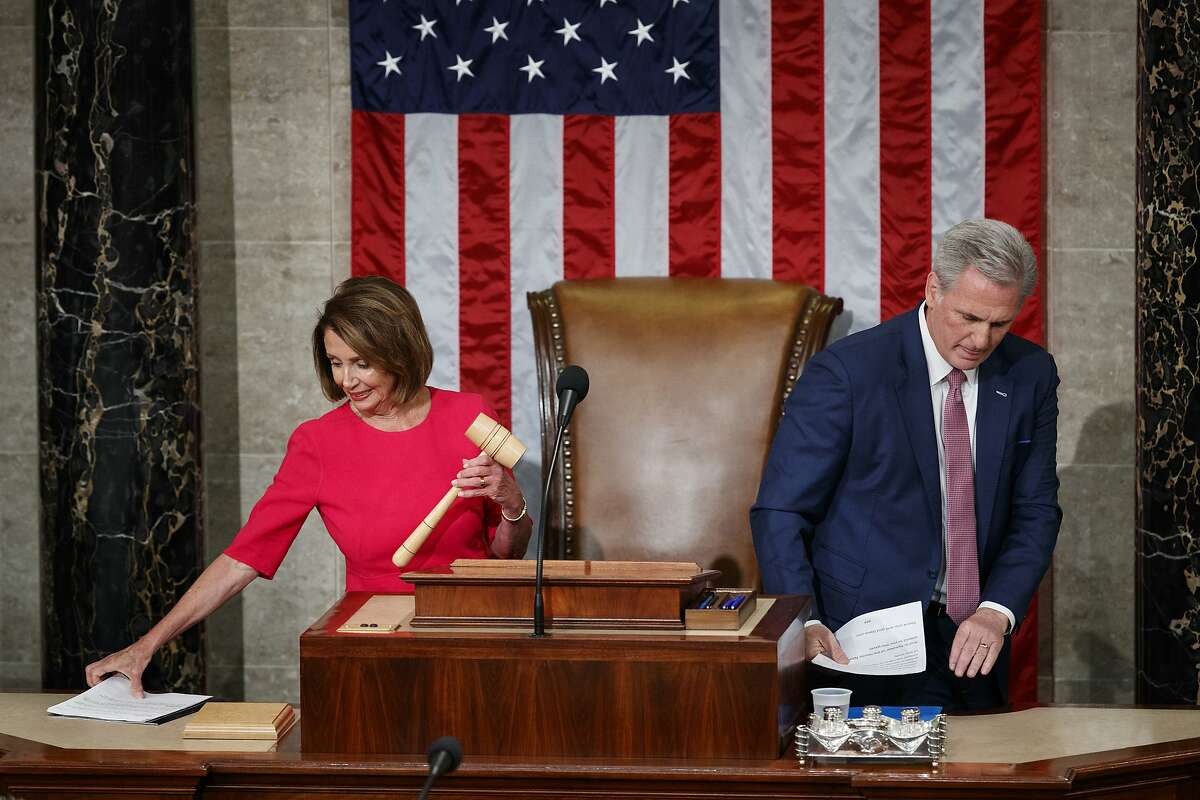 House Speaker-elect Nancy Pelosi of California, who will lead the 116th Congress, holds the gavel as Rep. Kevin McCarthy, R-Calif., leaves the dais at the U.S. Capitol in Washington, Thursday, Jan. 3, 2019. (AP Photo/Carolyn Kaster)