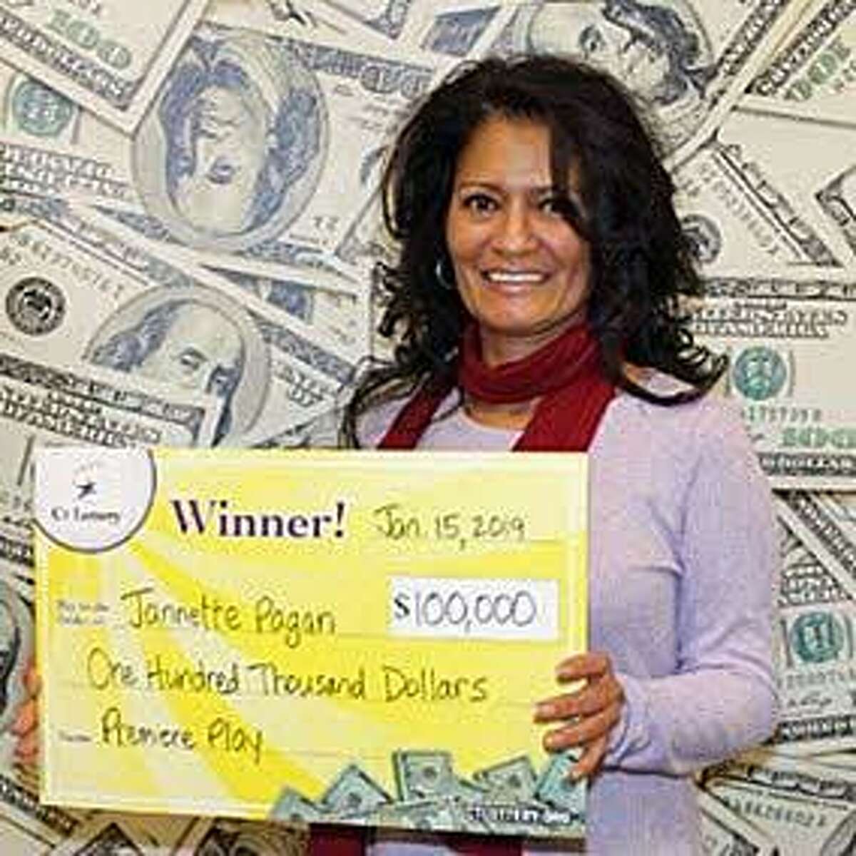 Jannette Pagan of Bridgeport won $100,000 on a Premiere Play scratch ticket bought at Grocery Village in Bridgeport. Pagan said she will use the prize money to pay off the mortgage on her house - years earlier than planned.