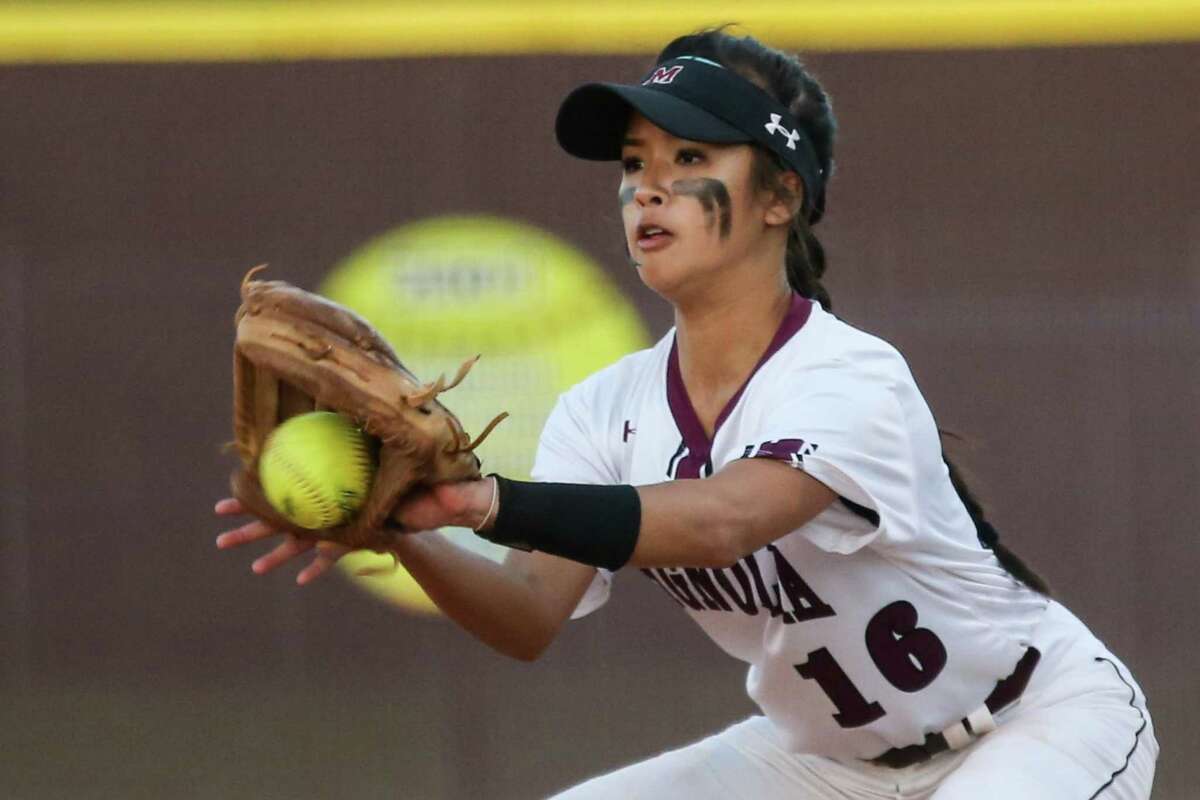 Magnolia's Madison Nguyen (16) catches the ball for an out during the softball game against Magnolia West on Tuesday, March 13, 2018, at Magnolia High School. (Michael Minasi / Houston Chronicle)