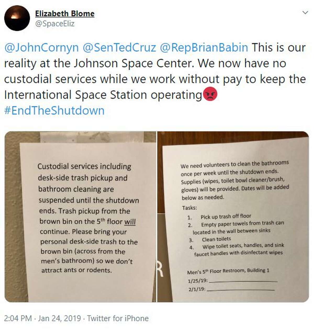 "This is our reality at the Johnson Space Center. We now have no custodial services while we work without pay to keep the International Space Station operating #EndTheShutdown"