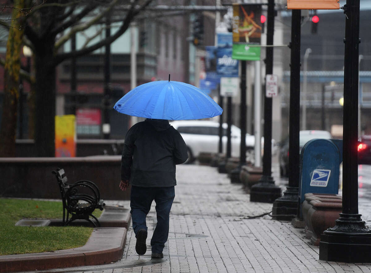 A man with a bright blue umbrella walks along McLevy Green in Bridgeport, Conn. during heavy afternoon rains on Thursday, January 24, 2019.