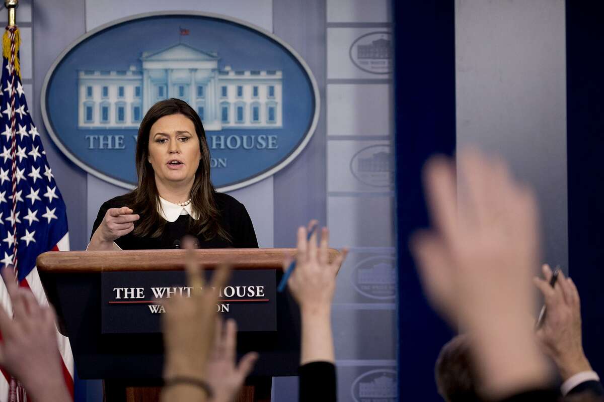 FILE - In this Dec. 18, 2018 file photo, White House press secretary Sarah Huckabee Sanders speaks during the daily press briefing at the White House in Washington. Following the apparent demise of the traditional afternoon briefing of reporters, Sanders calls any notion the Trump administration is not accessible to the press "absolutely laughable." Since the last White House press briefing on Dec. 18, she's given six television interviews to Fox News Channel, one to "Fox News Sunday" on broadcast and one to "CBS This Morning." That's according to the networks and the lobbying group Media Matters for America. (AP Photo/Andrew Harnik, File)
