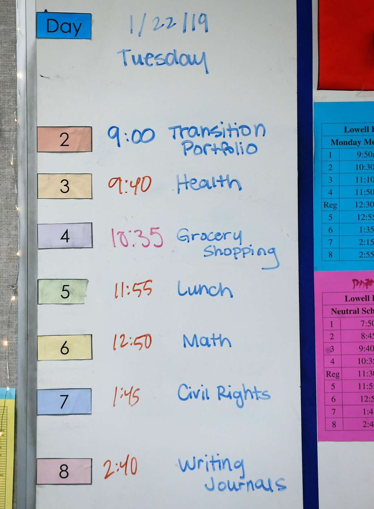 The day�s schedule for students in Stephen Torres Esquer�s special education class, which includes a grocery shopping exercise, is posted on his classroom board at Lowell High School in San Francisco, Calif. on Tuesday, Jan. 22, 2019.