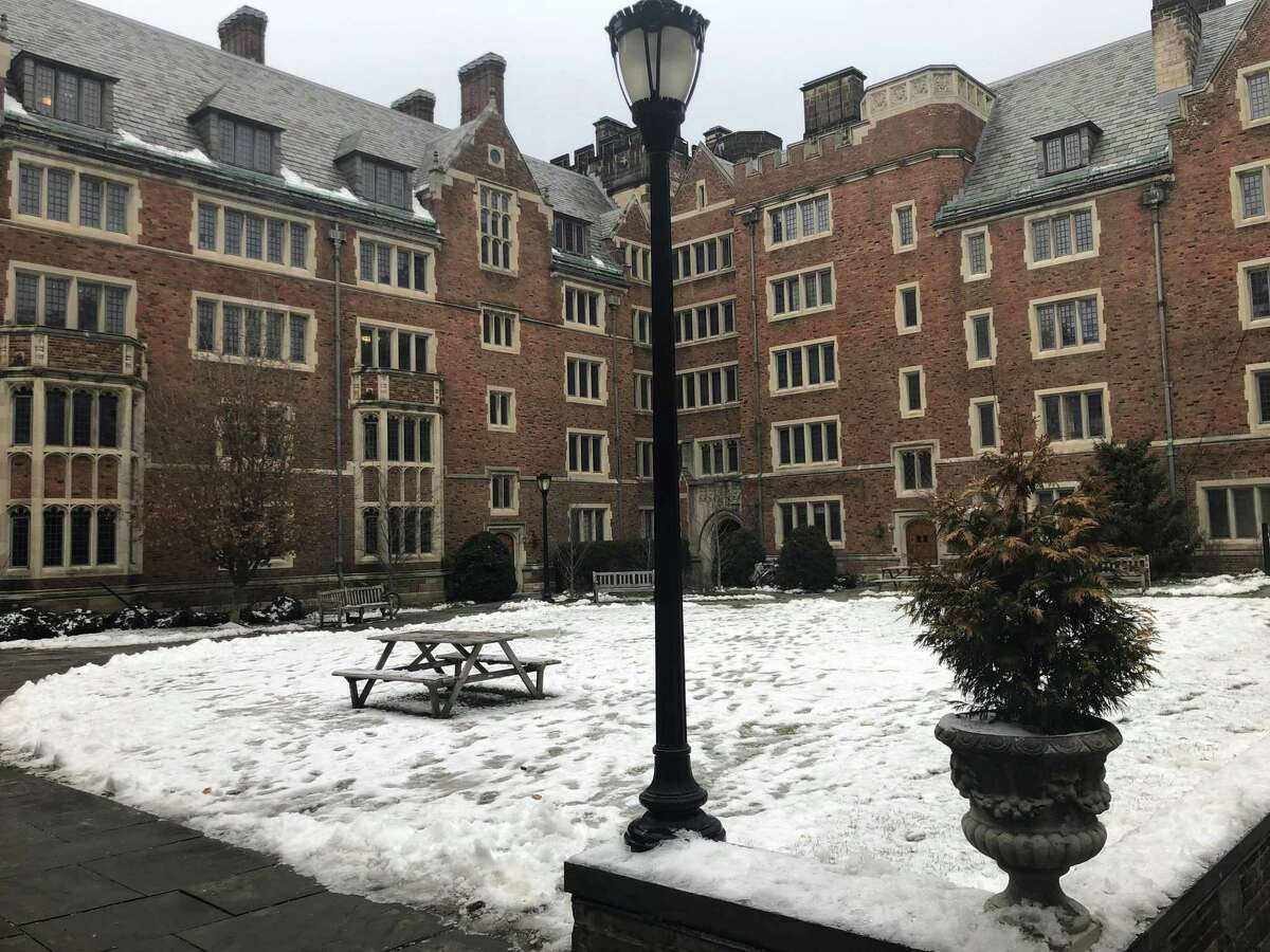 The quad of Grace Hopper College on Yale University's campus after January's snowfall.