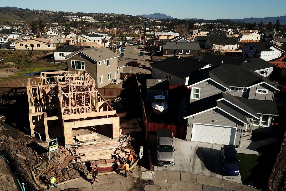 Construction at the end of Astaire Court and Santiago Drive in Coffey Park neighborhood on Friday, Jan. 25, 2019, in Santa Rosa, Calif. The neighborhood is being rebuilt after it was destroyed in the Tubbs Fire in 2017.