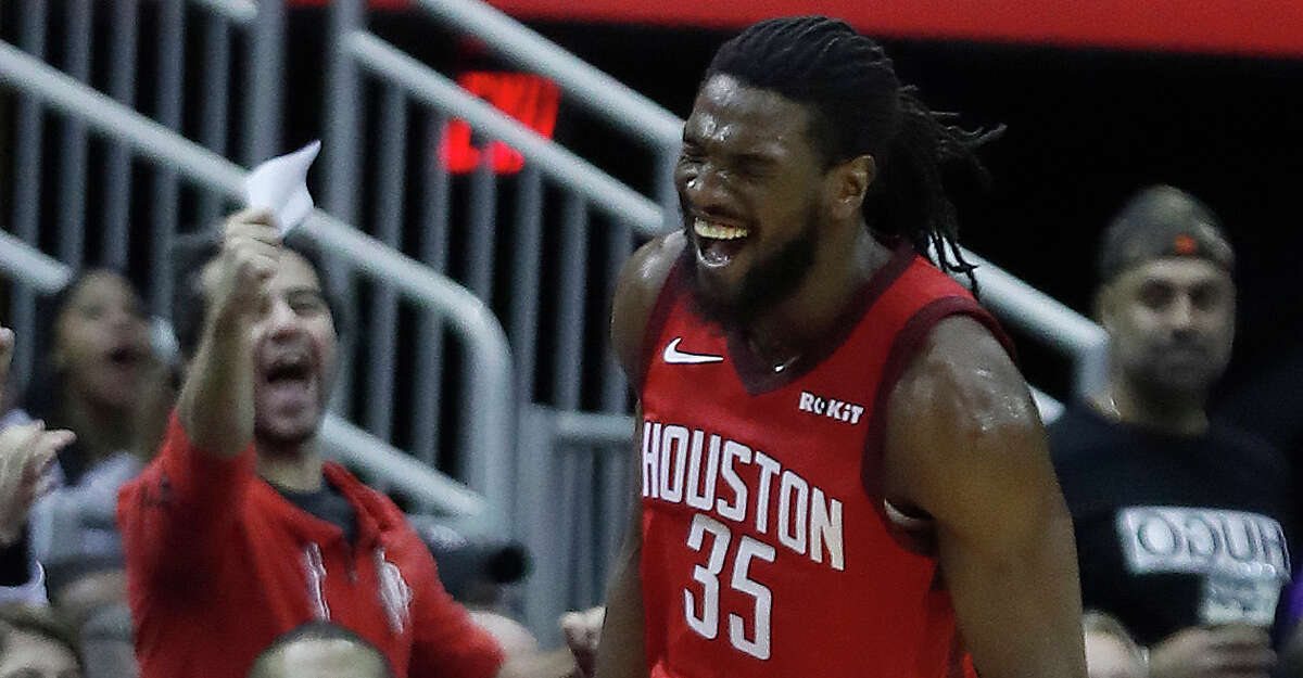 Houston Rockets forward Kenneth Faried (35) celebrates one of his baskets during the second half of an NBA basketball game at Toyota Center, Friday, Jan. 25, 2019, in Houston.