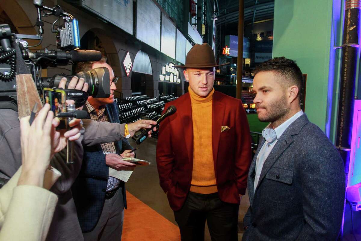 Alex Bregman, left, and Jose Altuve being interviewed at the Astros Diamond Dreams Gala at Minute Maid Park.
