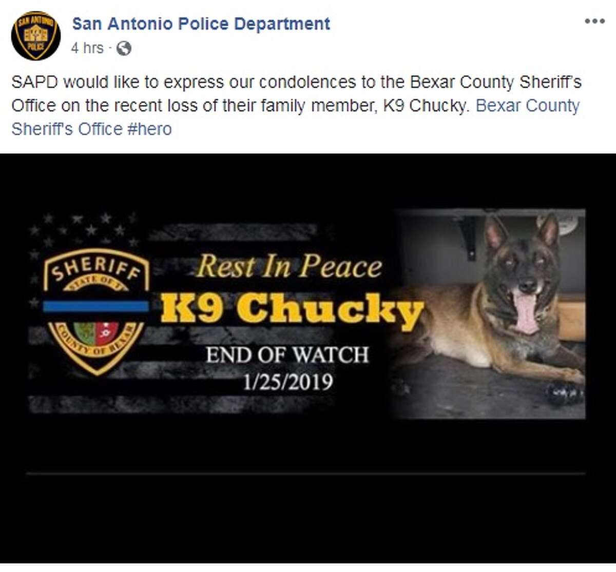 San Antonio Police Department share their thoughts and condolences for the fallen Bexar County Sheriff's Office K9 Chucky.
