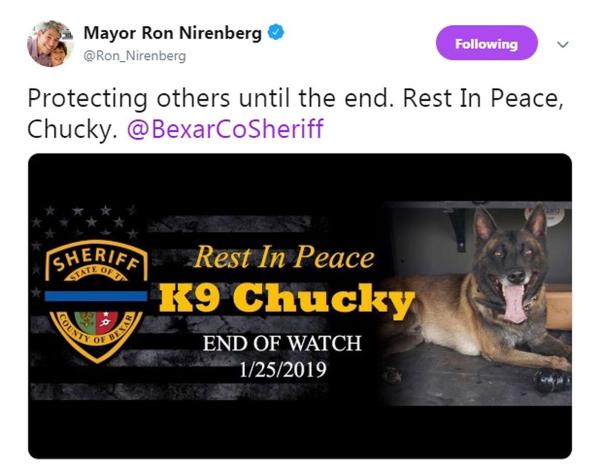 San Antonio Mayor Ron Nirenberg shares his condolences on Twitter for the fallen Bexar County Sheriff's Office K9 Chucky.