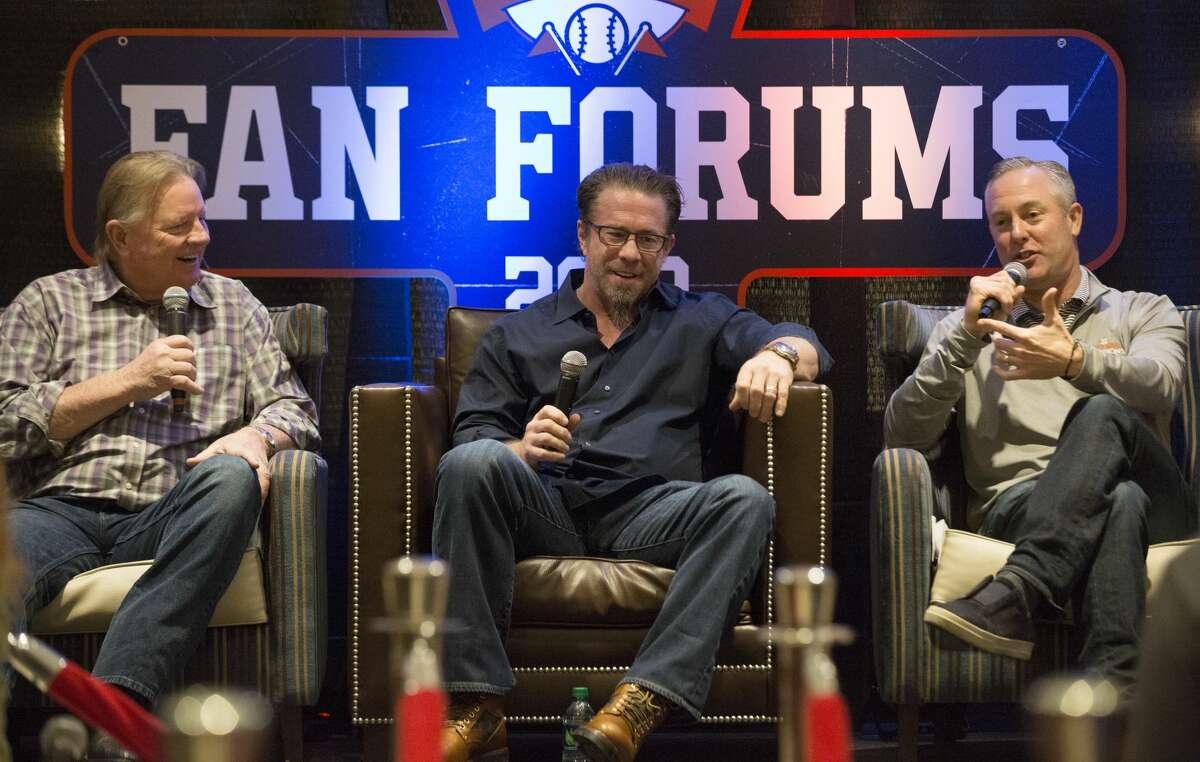 Houston Astros Hall of Fame inaugural inductees Larry Dierker, from left, Jeff Bagwell and Reid Ryan, president of the Houston Astros, talk about the importance of team history and the Astros Hall of Fame during the press conference at the Astros Fan Fest on Saturday, Jan. 26, 2019, in Houston.
