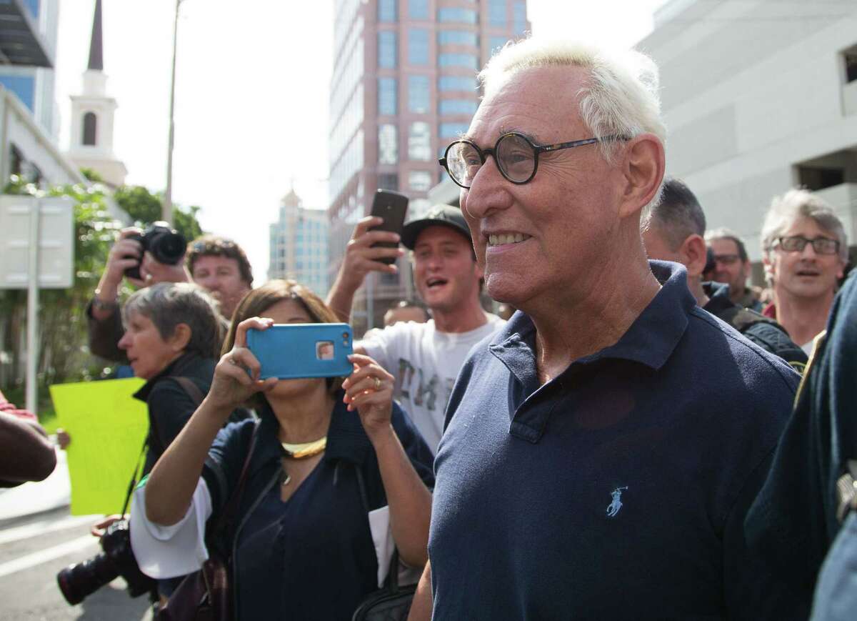 Roger Stone, a longtime adviser to US President Donald Trump, speaks to the media outside court January 25, 2019 in Fort Lauderdale, Florida. - Stone was taken into custody by heavily armed police in a predawn raid at his home in Fort Lauderdale, Florida after an indictment was unsealed in Washington by Special Counsel Robert Mueller. He appeared in Fort Lauderdale court in handcuffs charged with seven counts, including obstruction of justice, making false statements to Congress and witness tampering. "I will plead not guilty to these charges. I will defeat them in court. I believe this is a politically-motivated investigation," Stone said as he emerged from court. (Photo by Joshua Prezant / AFP)JOSHUA PREZANT/AFP/Getty Images