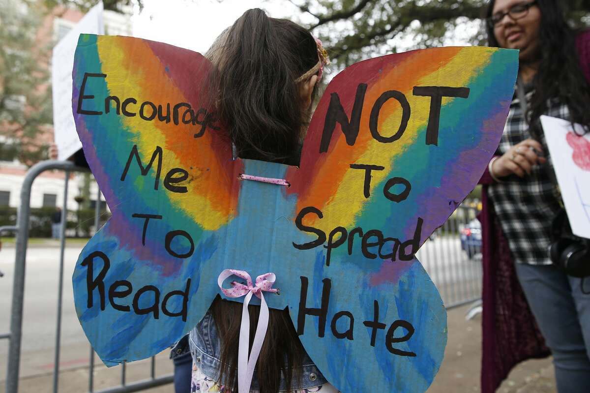 Isabelle Maldonado, 7, wears butterfly wings to support Drag Queen Storytime outside the Freed-Montrose Neighborhood Library on Saturday, Jan. 26, 2019, in Houston. Both Drag Queen Storytime protesters and supporters gathered outside the as the library just increaded the monthly Drag Queen Storytime event from one session to two sessions due to the popularity.