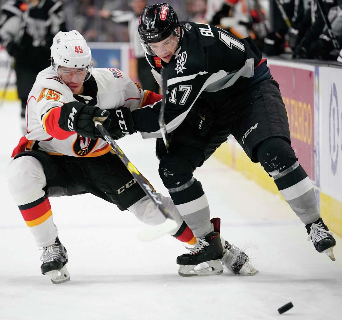 The Stockton Heat play the San Antonio Rampage during the second period of an AHL hockey game, Saturday, Jan. 26, 2019, in San Antonio. (Darren Abate/AHL)