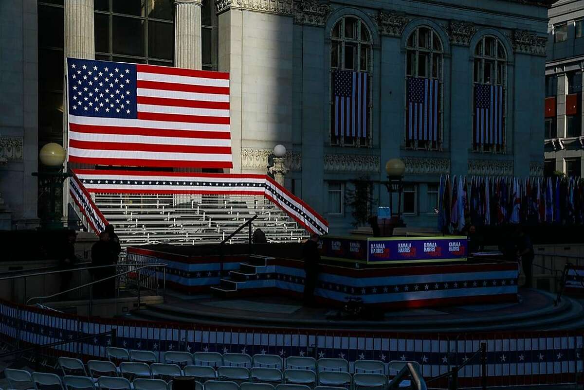 The American flag is seen as people set up for presidential candidate Kamala Harris's campaign rally in Oakland, California, on Sunday, Jan. 27, 2019.
