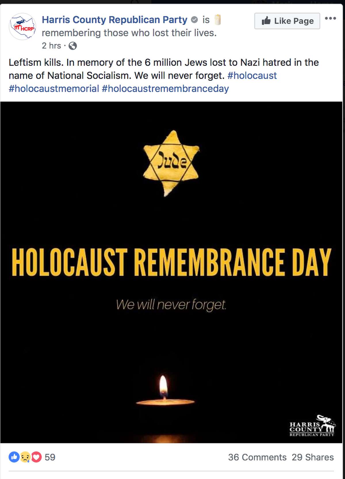 Harris County Republican Party's Holocaust post on its Facebook page earlier Sunday. It has since been removed.