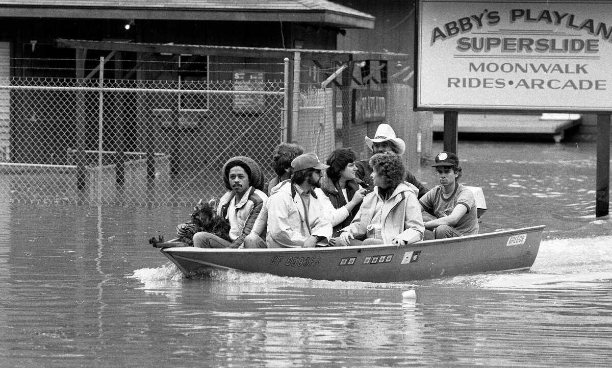 Residents move around by boat as flooding hit Guerneville in 1981.