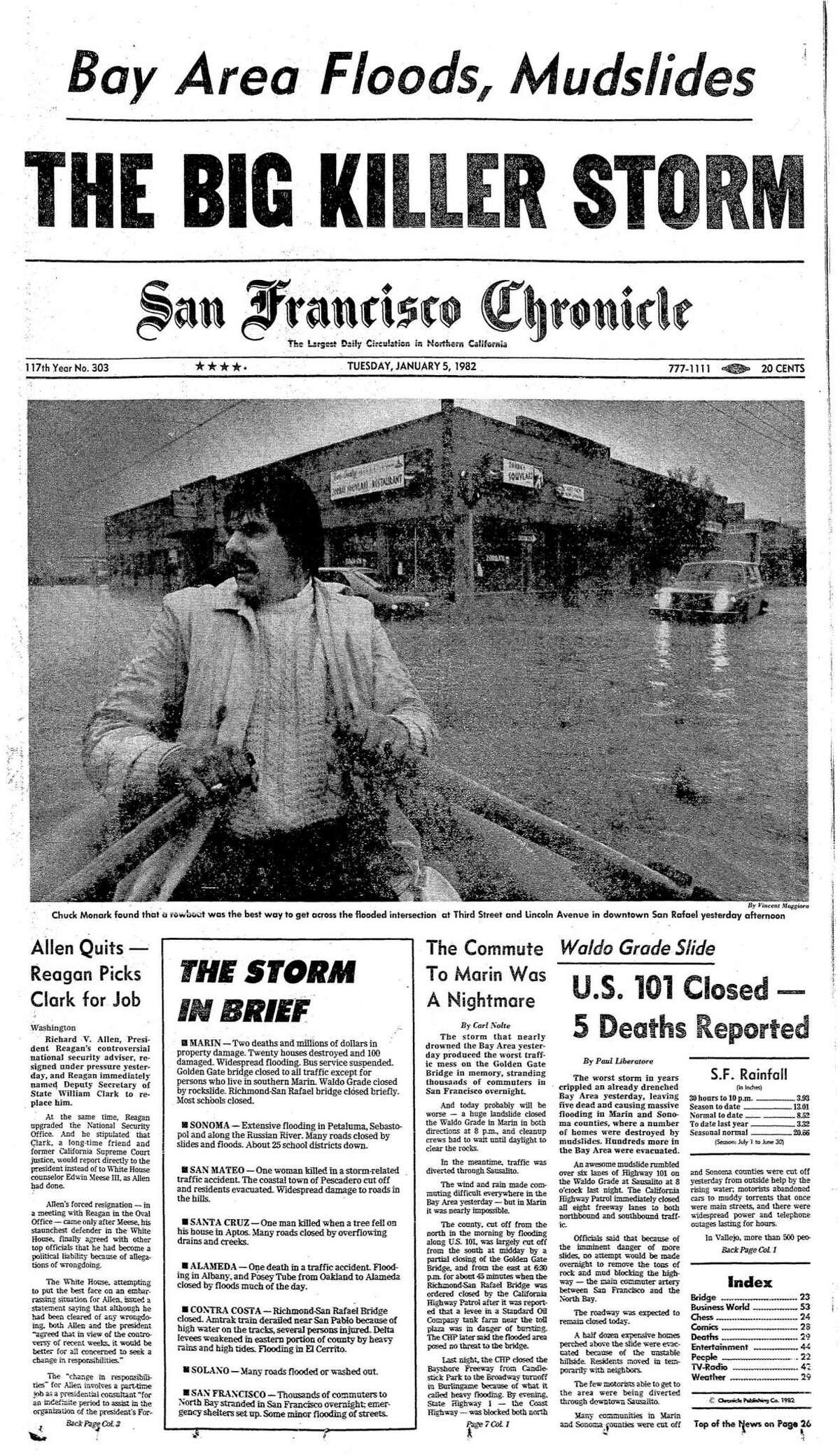 1982年1月5日，风暴袭击湾区的头版报道。登录必赢亚洲