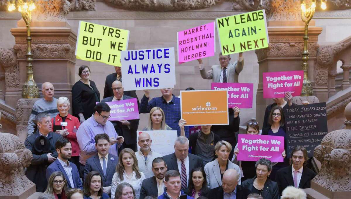 Child sex-abuse survivors and advocates take part in a press conference to celebrate the impending passage of the Child Victims Act, during an event at the Capitol on Monday, Jan. 28, 2019, in Albany, N.Y. (Paul Buckowski/Times Union)
