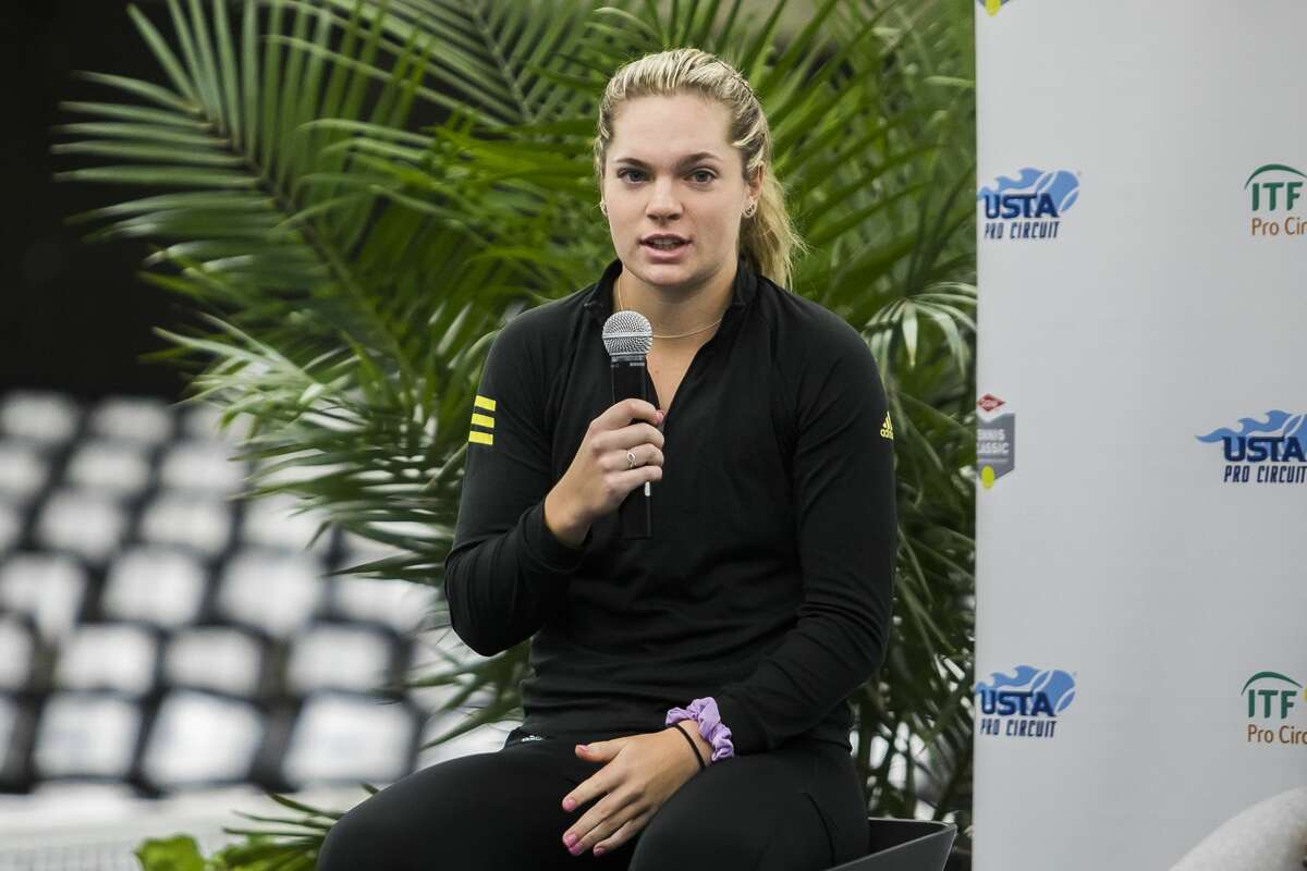 Caty McNally of Ohio speaks during a press conference as part of the Dow Tennis Classic on Monday, Jan. 28, 2019 at the Greater Midland Tennis Center. (Katy Kildee/kkildee@mdn.net)