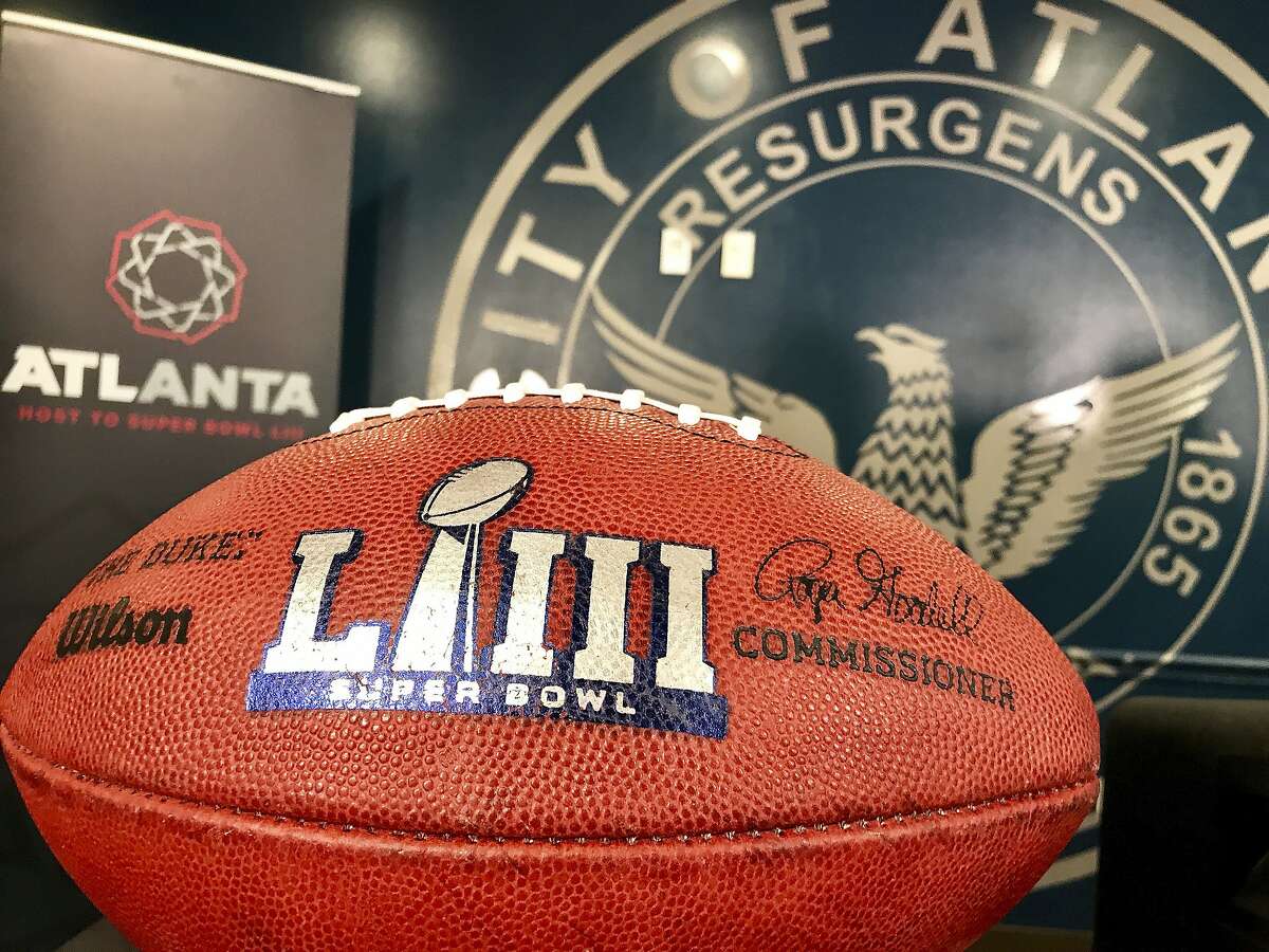 One of two footballs that flanked local, state and federal law enforcement officials at a Tuesday news conference about public safety at the upcoming Super Bowl 53 in Atlanta. The city is hosting the game on Feb. 3. (AP Photo/Jeff Martin)